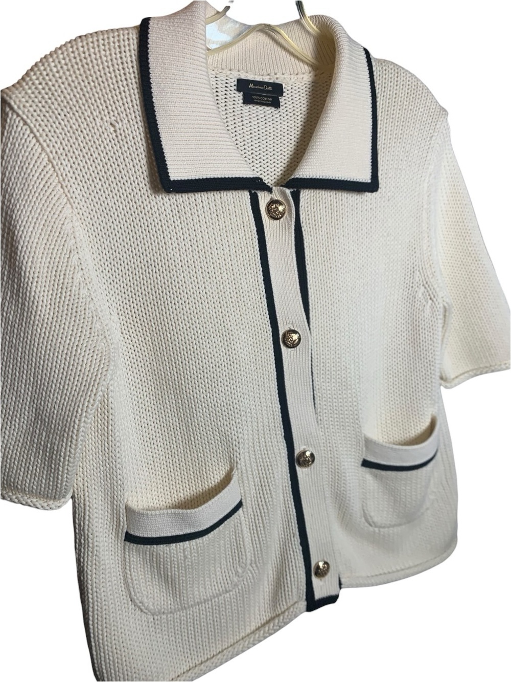 Massimo Dutti Cream Contrast Trim Cotton Knit Cardigan Jacket Oversized XS NWOT - Picture 2 of 9
